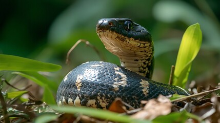 Obraz premium Close-up of a snake coiled in the undergrowth.