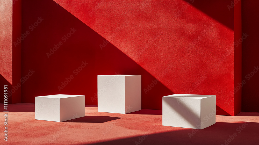 Poster three white cubes placed on a red surface under bright sunlight in a minimalistic interior setting