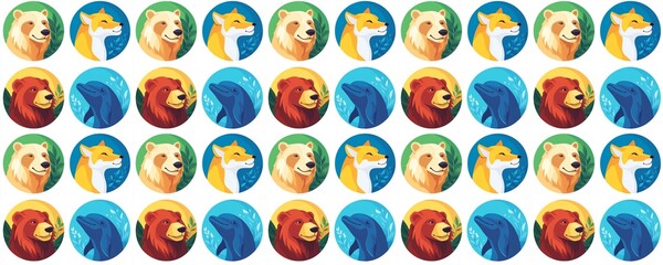 seamless pattern of Wildlife icons cream bear orange fox red bear blue dolphin flat style nature animals cute peaceful 
