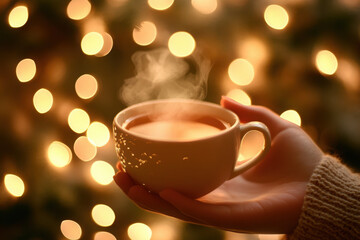 Obraz premium A close-up of a hand holding a steaming cup of tea, with a roaring fireplace blurred in the background