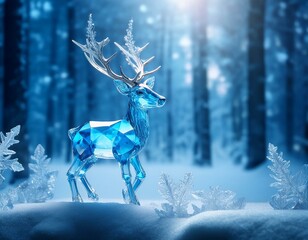 whimsical blue deer made of crystals playing in the ice forest, room for text