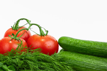Tomato, cucumber vegetable and dill isolated on white background