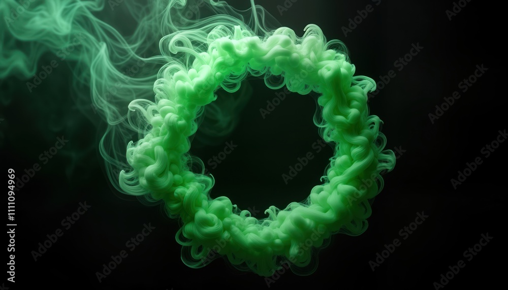 Poster Green smoke forms circular shape against black background. Abstract art. Green liquid creates flowing design. Dynamic image with soft texture. Studio shot swirling shapes. Perfect visual for creative