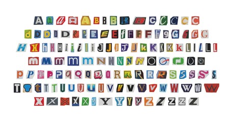 big set of cut-out english png alphabet from magazines on a white background, retro y2k ransom style