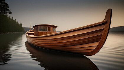 Obraz premium Serene wooden boat on calm lake at sunset