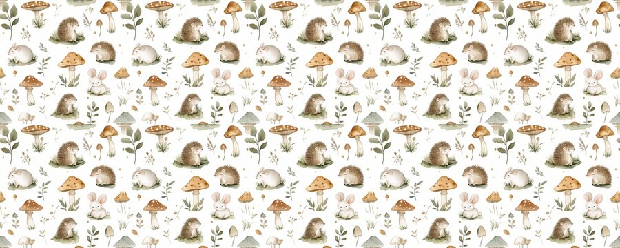 seamless pattern of Adorable woodland creatures watercolor  brown beige autumn forest animals mushrooms hedgehogs rabbits 