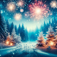 Magical Winter Fireworks Illuminating Snowy Forest Against Dark Night Sky