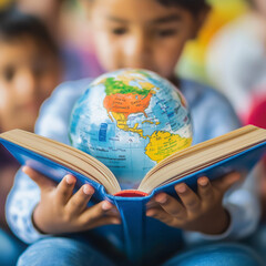 Reading child, A globe lying on the pages of the book, The concept of the whole world in the book, Love of reading, International Day of Education, Open book, Knowledge is power, Education for all