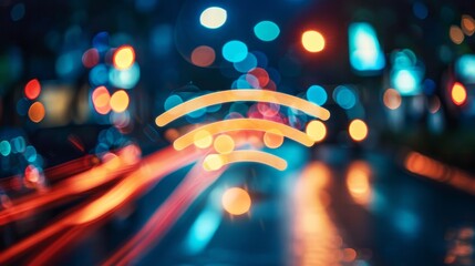Artistic depiction of blurred lights around a wi fi symbol representing iot and cloud connectivity