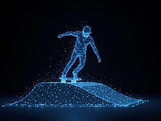 Obraz premium skateboarder hologram doing a jump with glowing lines and particles on a dark background.