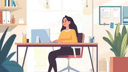 Asset Happy casual beautiful woman working in home office.