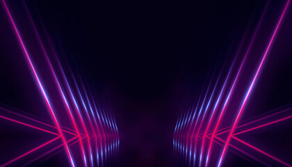 Neon light in tunnels, rays and lines. Perspective of light in motion. Dark abstract neon background, empty stage.