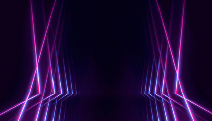 Neon light in tunnels, rays and lines. Perspective of light in motion. Dark abstract neon background, empty stage.