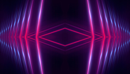 Neon light in tunnels, rays and lines. Perspective of light in motion. Dark abstract neon background, empty stage.