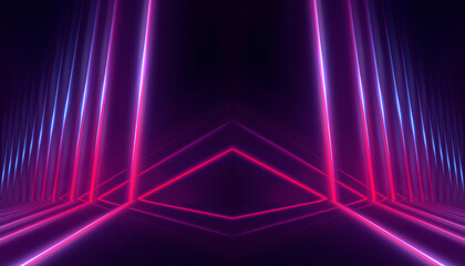 Neon light in tunnels, rays and lines. Perspective of light in motion. Dark abstract neon background, empty stage.