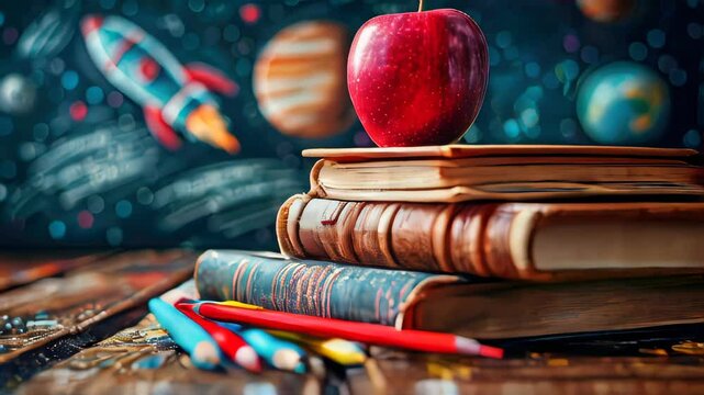 Books textbooks notebooks pencils and pens with apples for studying and learning on the surface of the school table
