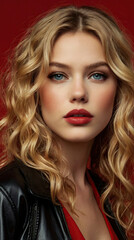 Fototapeta premium A young woman poses confidently against a vibrant red background. She wears a glossy black jacket with stylish straps, layered over a matching red top. Her long, wavy blonde hair is tousled.