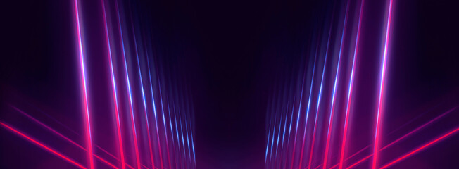 Neon light in tunnels, rays and lines. Perspective of light in motion. Dark abstract neon background, empty stage.