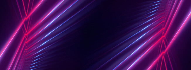 Neon light in tunnels, rays and lines. Perspective of light in motion. Dark abstract neon background, empty stage.