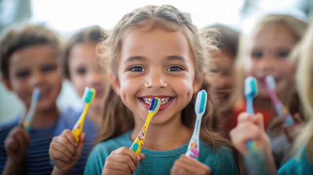 Children happily hold toothbrushes. Group learning dental hygiene. School health fair. Smiling kids. Healthy teeth education. Positive health initiative.
