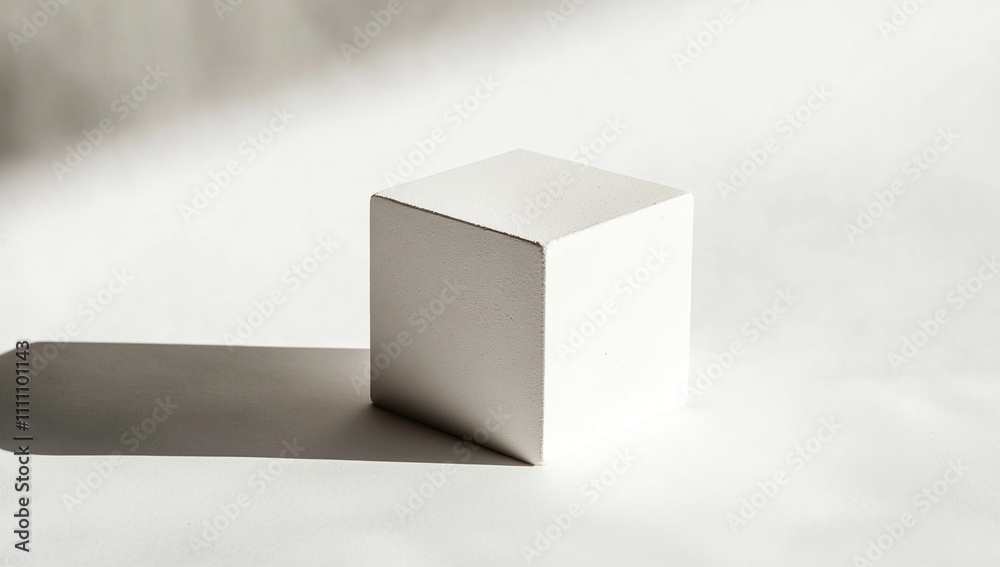 Poster white geometric cube casting shadow on a light background during daylight