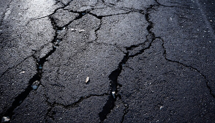 Obraz premium Weathered asphalt surface with intricate cracks and gravel, creating a rugged and textured backdrop for urban landscapes