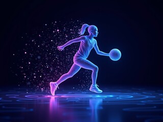 Obraz premium Advanced Wireframe hologram of female basketball player dribbling the ball with glowing lines and particles on dark background.