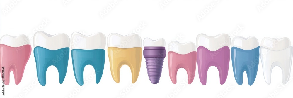 Aufkleber Schematic displaying a row of healthy teeth with colorful dental implants, featuring a clean background that allows for textual addition. Generative AI