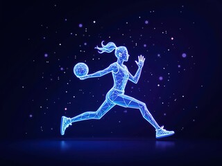 Obraz premium Advanced Wireframe hologram of female basketball player dribbling the ball with glowing lines and particles on dark background.
