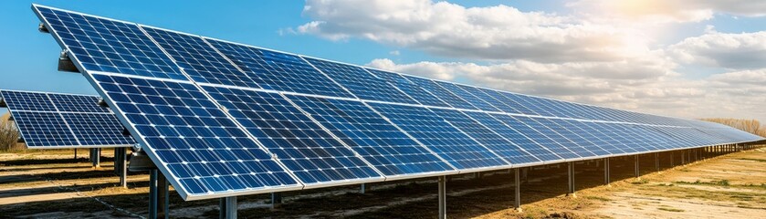A row of solar panels under a bright sky, harnessing renewable energy for sustainable power