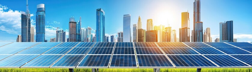 Obraz premium Array of solar panels set in front of skyscrapers, capturing sunlight in a vibrant urban environment during sunset