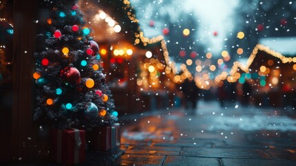 Decorated Christmas Tree with Snowfall and Blurry Lights in Background
