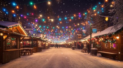 Snowy Christmas Market Street with Colorful Lights