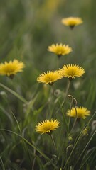 Obraz premium Tranquil Nature Background with Green Grass and Yellow Wildflowers in Focus