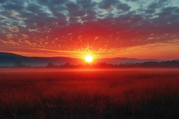 Fototapeta premium Fiery Sunrise Over Misty Field And Distant Mountains
