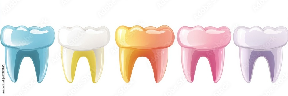 Poster Schematic showing a row of dental implants in various colors alongside healthy teeth, designed with space for additional text. Generative AI