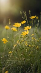 Fototapeta premium Tranquil Nature Background with Green Grass and Yellow Wildflowers in Focus