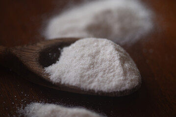 Natural sweetener, Stevia, Xylitol, Erythritol, Sugar. Sweetener on a wooden table with a wooden...