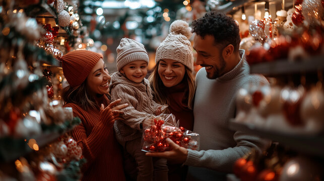 Family enjoying a festive day shopping for Christmas decorations in a cozy market filled with holiday spirit