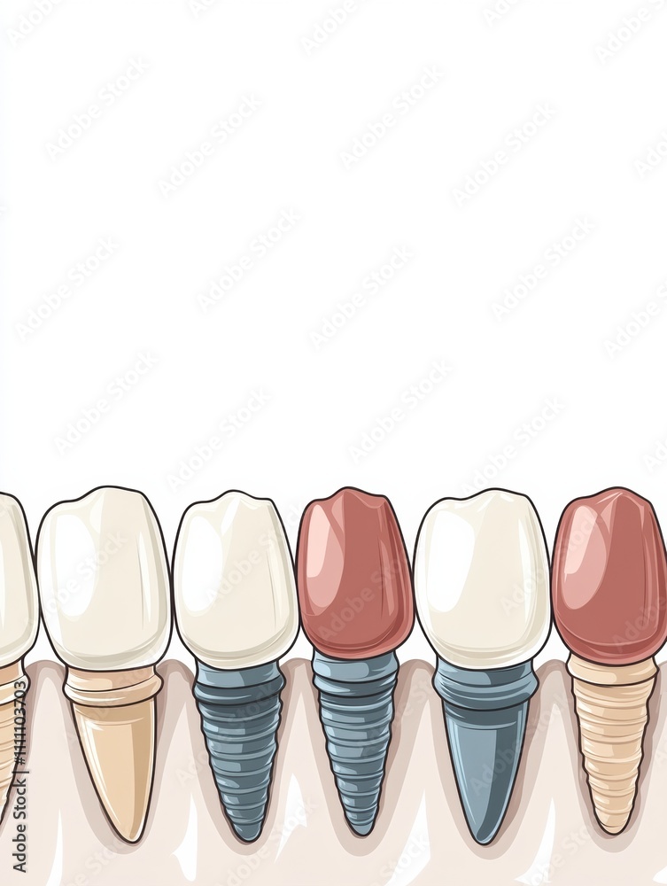 Poster illustrated dental row displays various colored implants interspersed with healthy teeth, designed f