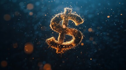 Naklejka premium A dollar sign made of tiny wooden particles floating in the air on top of blue digital data, 3D