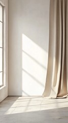 Soft morning sunlight streaming through window creates geometric shadows on white wall, while elegant beige curtains flow gracefully to floor in minimalist interior space