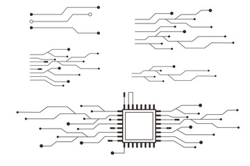 Circuit board line microchip, software. Integrated motherboard, connections. Innovative Electronic Network. Technology background, design elements geometric and connection system.