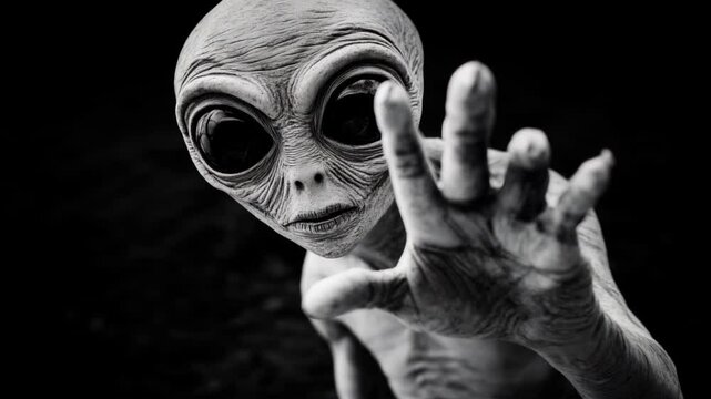 grey alien looking at camera with hand reaching out to the viewer, UFO