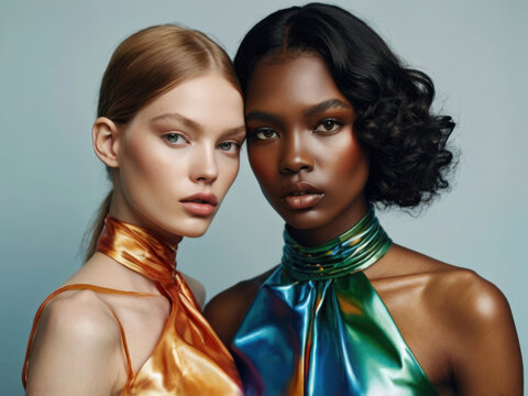 Concepto de belleza diverso con dos hermosas modelos femeninas de diferente origen &eacute;tnico
