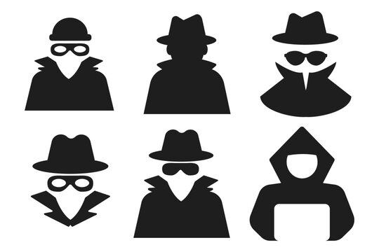 Incognito icon, mystery secret spy or detective silhouette, figure with hat glass or mask. Anonymous invisible character figure. 