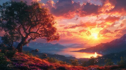 Fototapeta premium A beautiful landscape with a large tree in the foreground