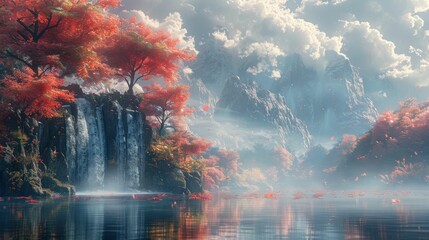 Fototapeta premium A beautiful landscape with a waterfall and mountains in the background