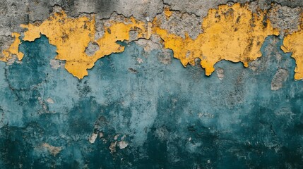Fototapeta premium Weathered Wall with Yellow and Teal Paint Peeling