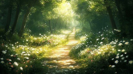 Obraz premium Sunlit Path Through a Lush Forest with White Flowers